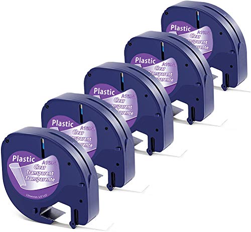 5 x Aken Compatible Dymo Letratag Ruban Transparent Plastique 12mm x 4m, Recharge Dymo Letratag S0721530 12267 Noir sur Transparent pour Dymo Étiqueteuse LT-100H XR XM LT-100T LT-110T 2000