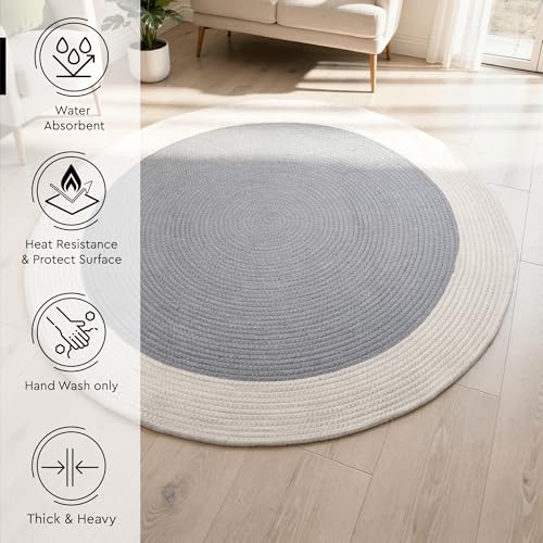 Image of Encasa XO Handmade Round Crochet Rug 2-Tone Circular Cotton Area Rug for Nursery, Bedroom & Living Room | Boho Modern Minimalist Floor Mat Natural Reversible | Grey & Off White | 120 cm | 4 Ft