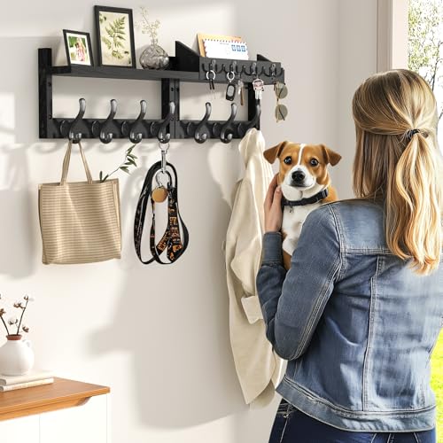 Image of Evermagin 29 inch Coat Rack Wall Mount with Shelf, 4 in 1 Wall Mounted Coat and Key Hanger with 11 Hooks, Entryway Key Holder with Mail Holder for Living Room, Bedroom, Black