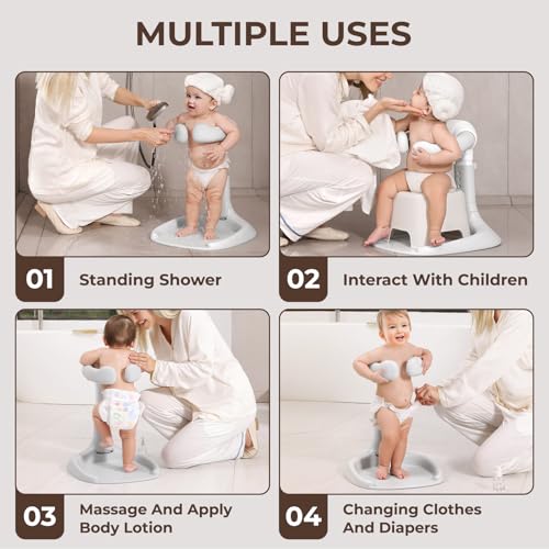 Image of Adjustable Baby Shower Stand, Baby Bath Stand, Baby Shower Standing Support with Adjustable Height and Safety Handle, Foldable and Compact Baby Bathtub with Stand for Baby 6-36 Months (Grey)