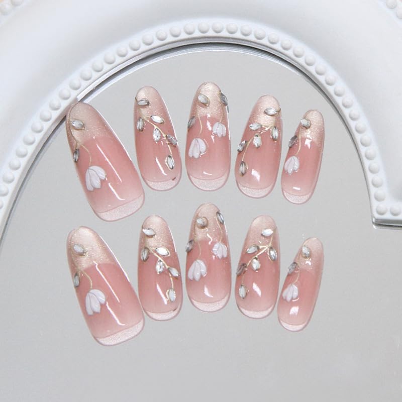 Almond Press on Nails - Spring Flowers Glitter False Nails