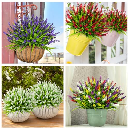 Image of Bassion 24 Bundles Artificial Flowers for Outdoors Fake Lavender, Mixed | UV resistant, plastic faux lavender with monkey grass, outside planter window box garden patio front porch home decor
