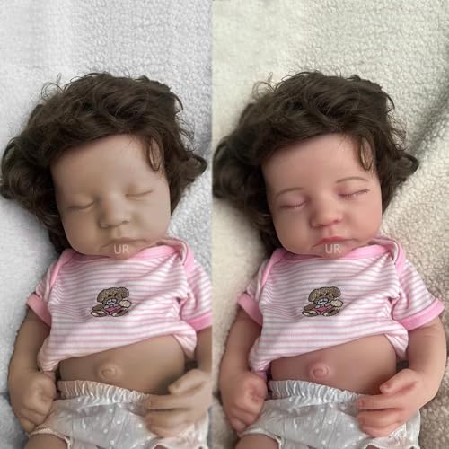 50 cm ultra-realistische Silikon-Puppe, schlafende Reborn-Babypuppe, handgepflanzt, kurzes braunes Haar, lebensechtes Mädchen mit geschlossenen Augen, geeignet für ältere Menschen und Kinder (bemalt) – Bild 7