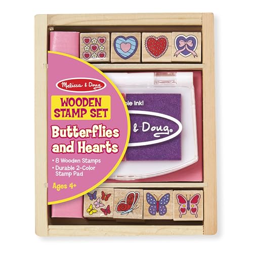 Melissa & Doug Jeu de timbres en bois Coeurs et Papillons, Cadeau pour filles et garçons, 8 timbres + tampon d’encre, Jouet créatif, Loisirs créatifs pour...