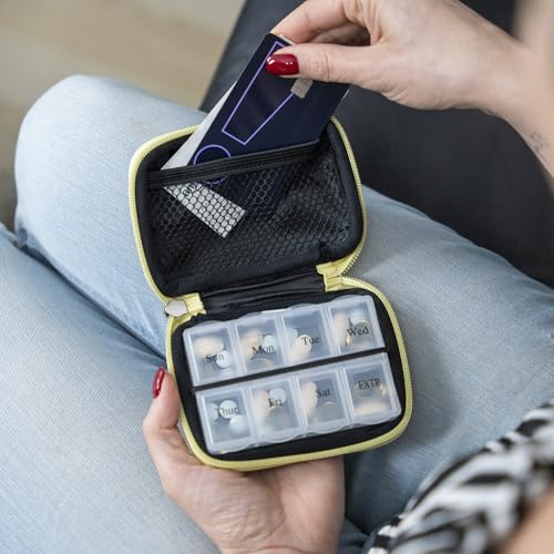 Image of Made Easy Kit Pill Case - Weekly Medicine Organizer with Removable Seven-Day Vitamin & Supplement Box - Premium Neoprene for Travel Purse Accessory (Yellow Music Lover)