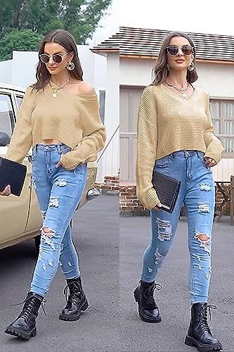 Image of Women's V Neck Waffle Knit Cropped Top Long Sleeve Thick Pullover Crop Sweater
