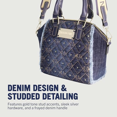 True Religion Women's Satchel Bag, Frayed Denim Crossbody Handbag Purse with Adjustable Shoulder Strap, Denim3