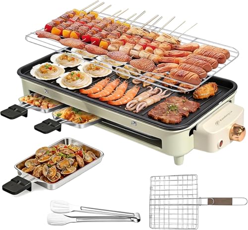 1500W Smokeless Electric Indoor Grill, 3 in 1 Korean Barbecue Grill with Net & Non-Stick Removable Plate and Velcro, Temperature Control & Dishwasher Safe, Smokeless Korean BBQ for Kitchen Party