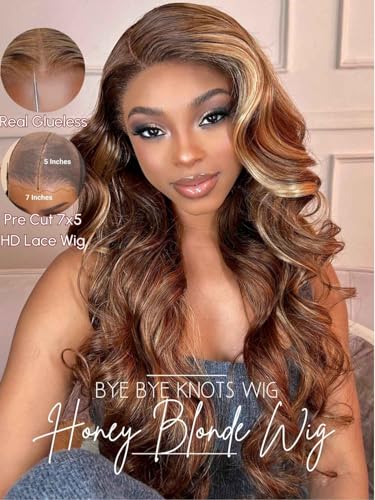 Image of Beauty Forever Bye Bye Knots Honey Blonde Highlight Glueless Wig Pre Plucked Pre Cut 3D Body Wave 7x5 Lace Front Wig Human Hair HD Lace Closure Wig Pre Bleached for Women 150% Density 20 Inch