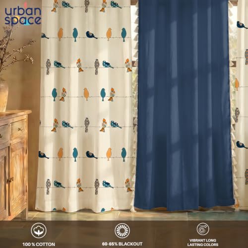 Image of Urban Space 100% Cotton Curtains for Window, Combo Set of 3 Curtains 5 feet Long, 60-65% Room Darkening Curtain, Tieback & Eyelets Included with Curtains for Home decor (Humming Bird Blue, 5 Feet)