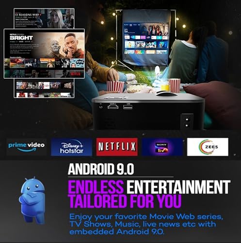 Image of E Gate i9 Pro-Max Android, 1080p Native Full HD Home Projector, 4k Support, 6900 Lumen LED, 534cm Screen | Inbuilt Speaker | 4P+4D Digital Keystone, with Netflix, Prime etc | WiFi & BT | E05i33,Black