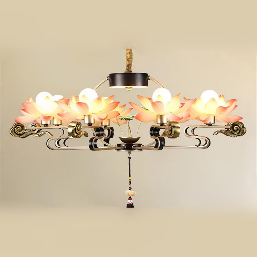LYMSXAZOU Contemporary Lotus Pendent Lights Chinese Retro Creativity Villa Living Room Restaurant Bedroom Tearoom Study Hotel LED Decoration Chandelier (A 8 Lights)