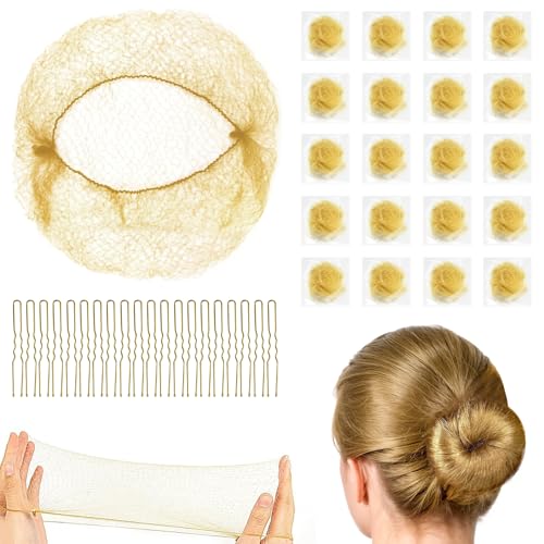 YHTCC 40PCS Hair Net Kit 20PCS Bun Nets Blonde and 20PCS Bobby Pins Blonde