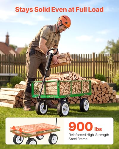 Image of VEVOR 900 LBS Steel Garden Cart, 2 in 1 Handle, Heavy Duty Pullable Garden Wagon with 10 inch Flat-Free Tires, Outdoor Utility Yard Wagon Cart with Detachable Side Panels, Attach to ATV or Tractor