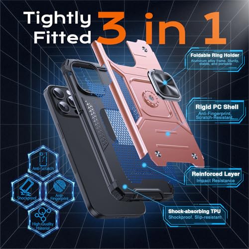 Image of Anqrp Heavy Duty Case for iPhone 15 Pro Case with Enhanced Ring Holder Grip Stand, Military Grade Shockproof Rugged Drop Protective Silicone Hard Slim iPhone 15 Pro Phone Case Cover,Pink Gold