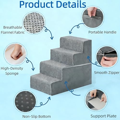 Simple Deluxe Dog Stairs for Small Dogs, 4-Step Dog Step for Puppy, Older Cat, Medium Pet Ramp for Sofa, Couch or Chair, Indoor Non-Slip Pet Ladder with High Density Foam, Gray by Simple Deluxe - Image 4