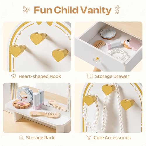 Image of ROBOTIME White Kids Vanity Set Butterfly Mirror & Stool Small Girl Vanity Desk with 2 Drawers Kids Make up Pretend Play Table Ideal Birthday for Toddler Age 3+ Bedroom Playroom Decor