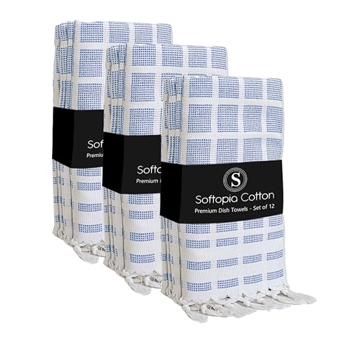 Image of Matrix Dobby Kitchen Towels 12 Pack, 100% Cotton, 16x26 Inches, Handmade Knotted Tassel Dish Towels, Quick Dry, Durable, Absorbent and Reusable Cleaning Cloths - Sky Blue, Natural