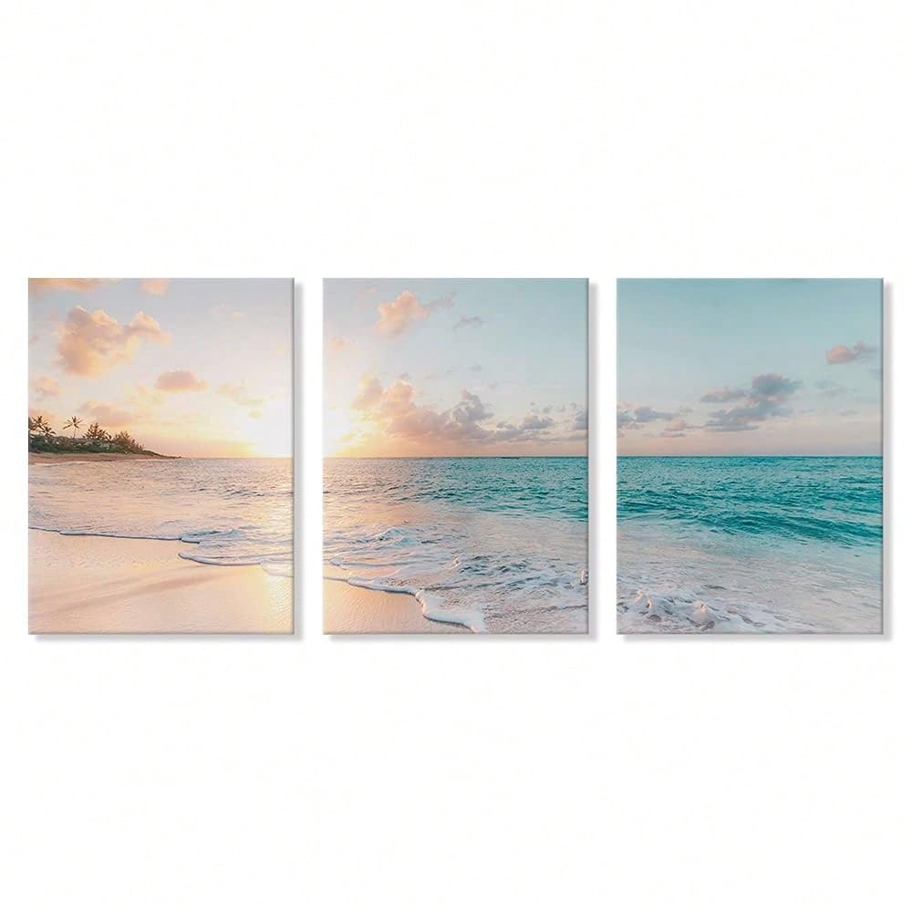 TZKBDMA Set di 3 quadri su tela con tramonto sull'oceano e sulla spiaggia, perfetti per decorare la camera da letto (70x100 cm x 3 pezzi/Senza cornice)