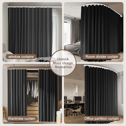 Image of Room Divider Curtains & Flexible Bendable Tracks Set,Privacy Dividers Ceiling Track Curtain Window Blackout Curtains for Living Room Bedroom (W180 x H84 in 1 Panel Black Drape & White Rail)