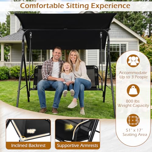 Image of Tangkula 3 Person Porch Swing, Patio Swing with Adjustable Canopy, 800 lbs Heavy-Duty Metal Frame & Breathable Fabric Seat, Outdoor Swing for Backyard Lawn Deck