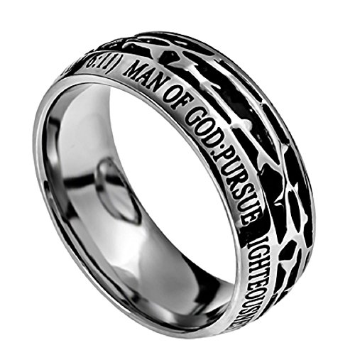 Spirit & Truth Man of GOD Christian Mens Stainless Steel 10mm Abstinence Crown of Thorns 1 Timothy 6:11 Comfort Fit Chasity Ring - Guys Purity Ring