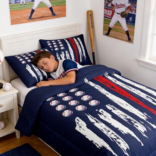 Castle Fairy Kids Baseball Gaming Comforter Full Size Navy Blue Bedding Set for Boys Girls Teens Bedroom Decor American Flag Comforter Set Women Men Ball Games Quilt with 2 Pillow Cases