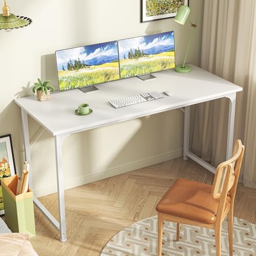 Image of Huuger Computer Desk, 48 Inch Office Desk, Gaming Desk with Storage, Writing Desk Work Desk for Home Office, Study, Modern Simple Desk, Large Legroom, Metal Frame, White