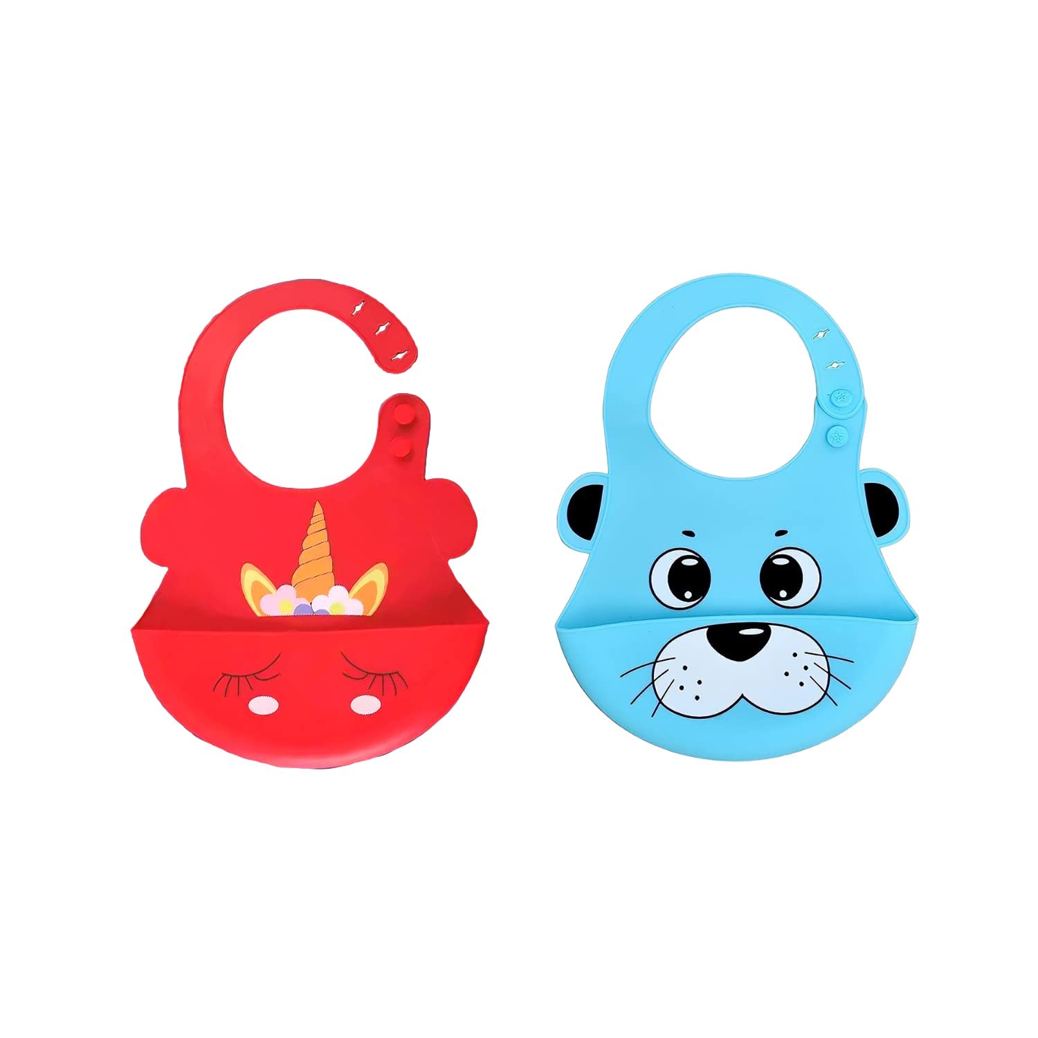 Manan Shopee Silicone Feeding Bib with Adjustable Strap, Waterproof, Easy to Wash, Stain Proof | BPA Free/Soft Material Bibs with Tray/Food Catcher (Pack Of 2, Blue-Red)-image-12