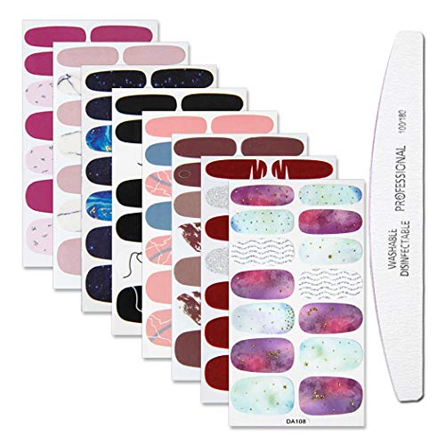 WOKOTO 8 Sheets Adhesive Nail Art Polish Wraps Sticker With 1Pcs Nail File Marbling Starry Sky Manicure Decal Strips For Women