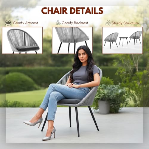 Image of DEVOKO 3-Piece Outdoor Patio Bistro Set with Handwoven All Weather Rope Chairs & Glass Top Coffee Table for Garden, Pool, Balcony, Lawn (Grey & Dark Grey)