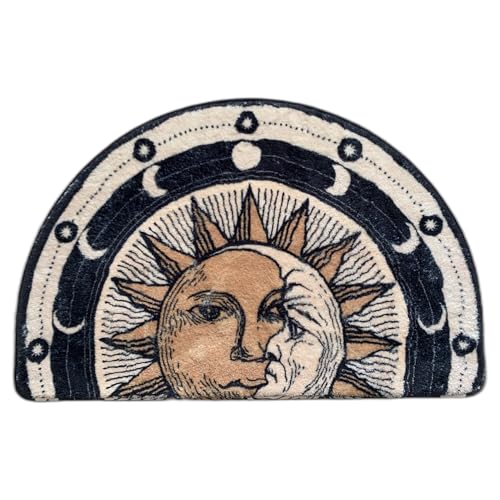 Semi Round Boho Bathmat Sun and Moon Fun Bath Mat Non Slip Washable Bathroom Decor Half Circle Bohemian Home Floor Doormat Semicircle Indoor Rug (White, Short Pile)