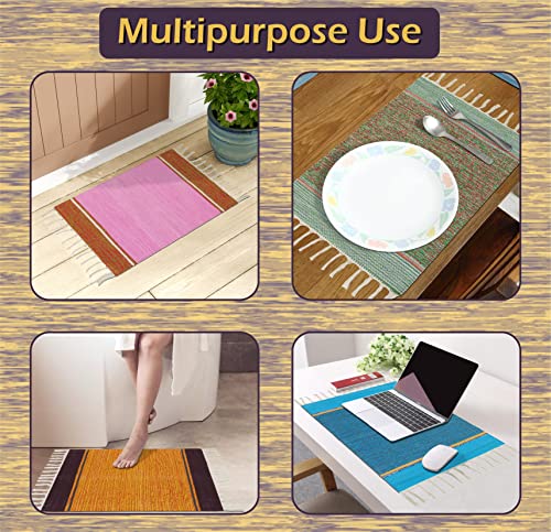 Image of MDZ Hand Woven Cotton Modern Assorted Border Rug | Size: 16 inchx24 inch Inch or 40x60 cm | Color: Assorted Multi | Machine Washable | Eco Friendly | Multi Uses (Combo of 3 Pcs.)