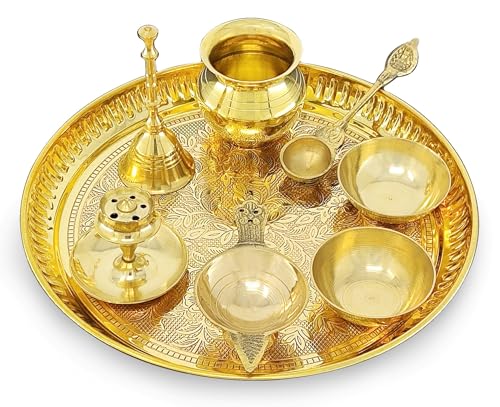 Image of BENGALEN Brass Puja Thali Set 8 Inch Pooja Thali with Pital Design Plate Kalash Chandan Wati Dhup Dan Diya Ghanti Palli Arti Thali for Diwali Home Office Mandir Wedding Return Gift Items