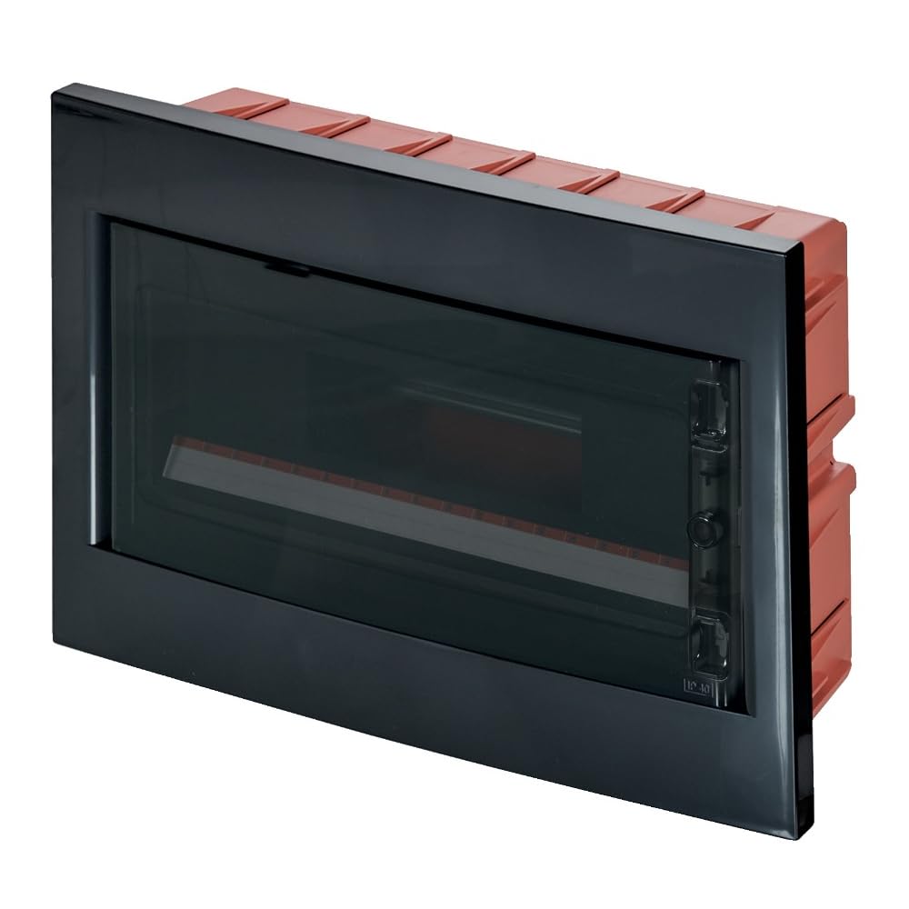 Centralino nero IP40, 18 moduli, 430x260x80mm, quadro elettrico da incasso, per muratura, sportello fume' trasparente, per interno, con morsettiera 1x18, barra DIN estraibile e regolabile