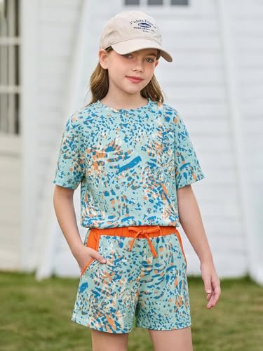 Image of Haloumoning Girls Summer 2 Piece Outfits Kids Oversized T Shirts and Shorts Clothing Sets 5-14 Years