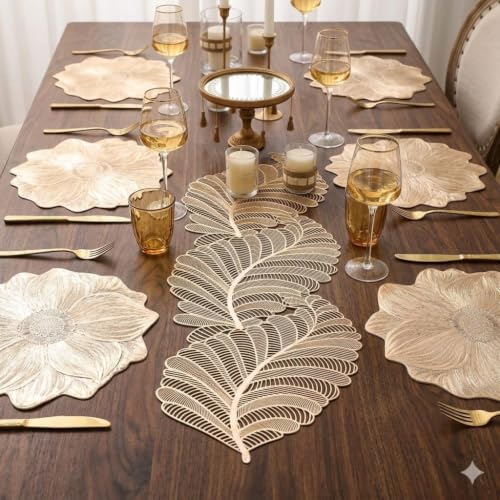 Image of Dakshya Industries Set of 7 placemats Table mats Runner PVC Waterproof Washable Heat Resistant Non Slip Dining Table Decor Table Protector