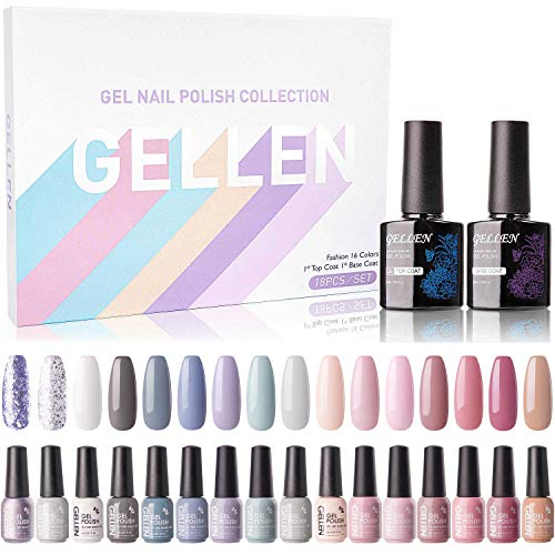 Gellen Gel Nail Polish Kit 16 Colors With Top Base Coat - Pastel and Natural Shades Collection, Nude Grays Pinks Nail Gel Colors, Trendy Opaque and Shiny Glitters Nail Arts at Home Gel Manicure Set
