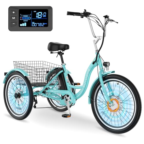 H&ZT 24“ 26' Electric Tricycle for Adults, 350W Power 7 Speed 3-Wheel Bicycle with 36V 10Ah Lithium Battery, Trike Electric Tricycle for 350lb Men & Women with Rear Basket (24', Sky-Blue)