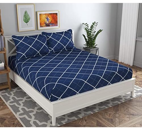 Image of Combo Pack of 2 Elastic Fitted Bedsheet 1 for Double Bed and 1 for Single Bed of Same Print 200TC(Blue White LINE)