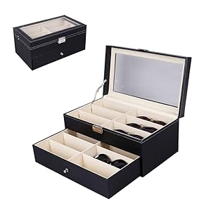 MAGIC SELECT Caja para Gafas con 8-12-18 compartimentos. Estuche de Gafas de Sol con Tapa de Cristal Transparente, Cierre con Llave, Cajón y Suave Forro Interior. Caja de Polipiel.