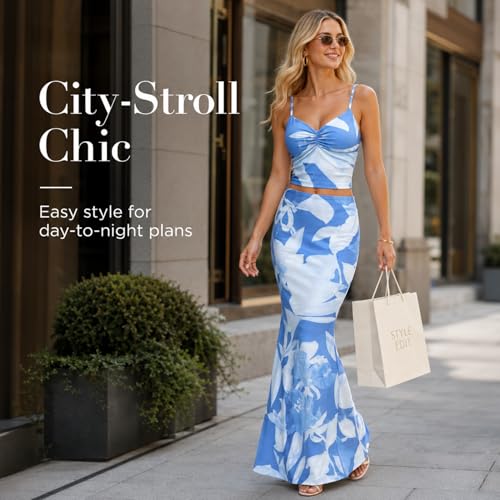 Image of Two Piece Skirt Set for Women - Sexy Sleeveless Spaghetti Strap Pleated Tank Top Maxi Long Skirts Sets