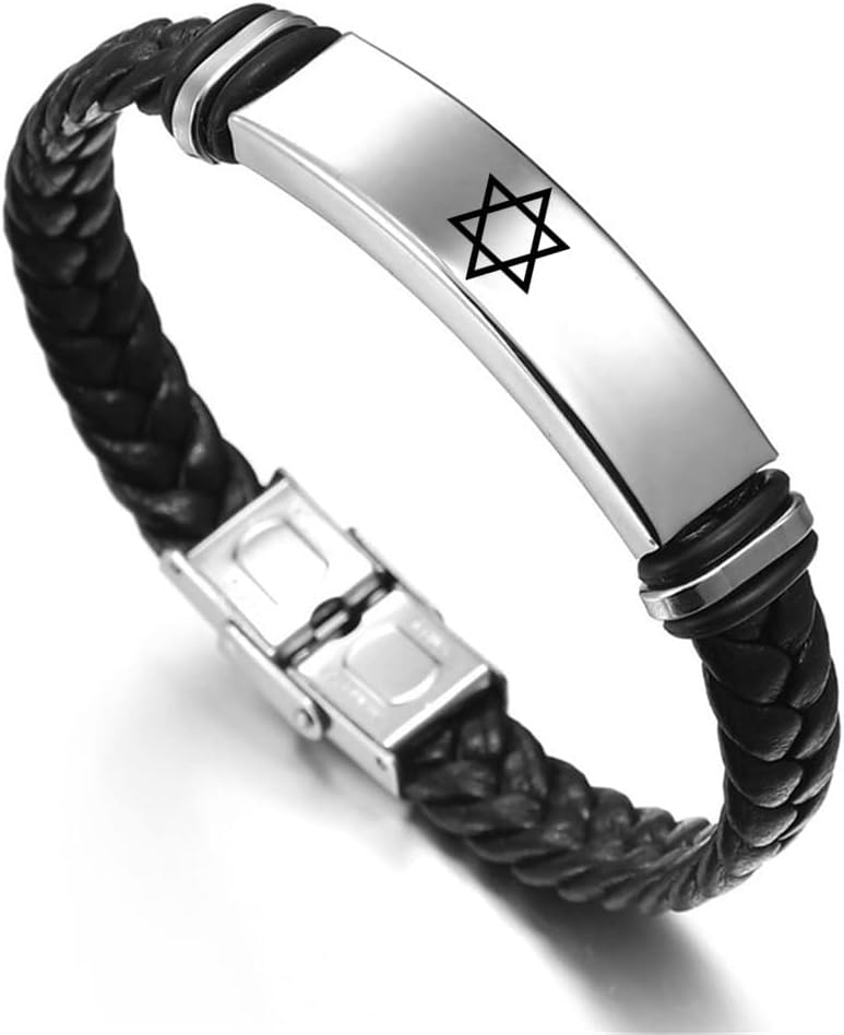 Star of David Jewish Bracelet Religious Jerusalem Mogen David Star Leather Bracelet Women Men Judaica Hebrew Israel Faith Hanukkah Wristband Israeli Amulet Jewelry, 8.26 Inch,Black