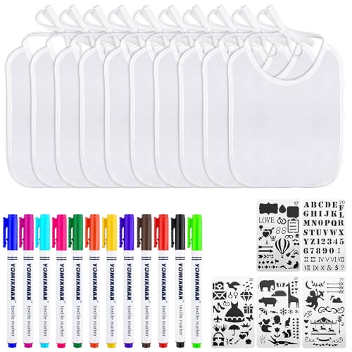 Zosenyer Lätzchen Baby, 14 Weiße Bibs Zum Bemalen, 12 Farbige Stifte für Kinder und 5 Malvorlagen, Als Geschenk für Jungen und Mädchen als Babyparty Deko
