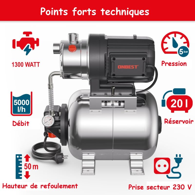 Surpresseur automatique domestique 1300W en acier inoxydable de 20 l idéal jardin et maison