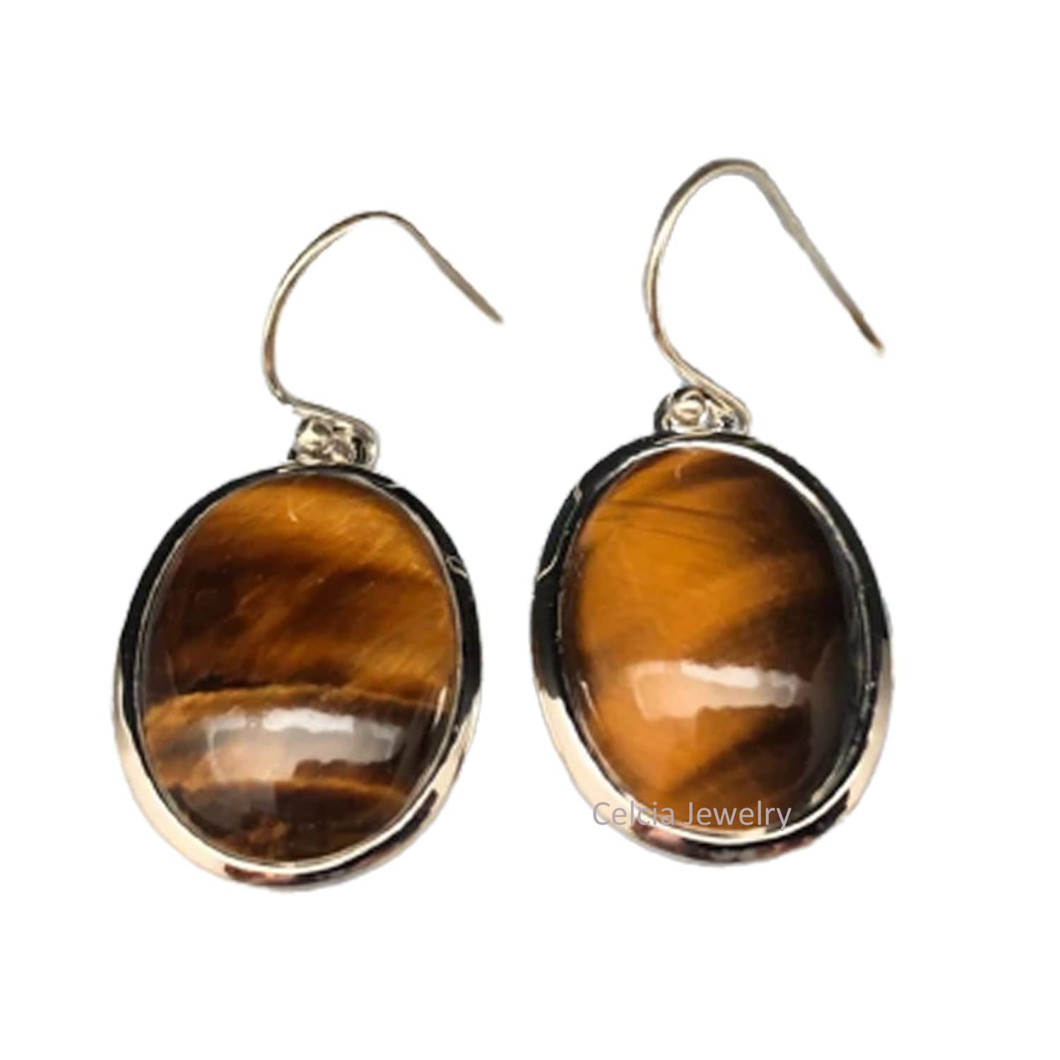 Pendientes colgantes de plata de ley 925 auténtica para mujer, cabujón de ojo de tigre Natural, piedras preciosas ovaladas, joyería hecha a mano única para ella