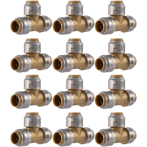 Image of SharkBite Max 1 /2 Inch Tee, Pack of 12, Push to Connect Brass Plumbing Fitting, PEX Pipe, Copper, CPVC, PE-RT, HDPE, U362LFA