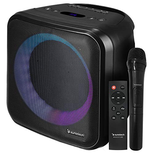 SUNSTECH Muscle Cube. Altavoz 20 W, iluminacin LED, Bluetooth 5.0, Radio FM, USB, Micro SD, aux-in, aux-out. Conexiones Guitarra y micrfono. Mando a Distancia y micrfono incluidos. Color Negro