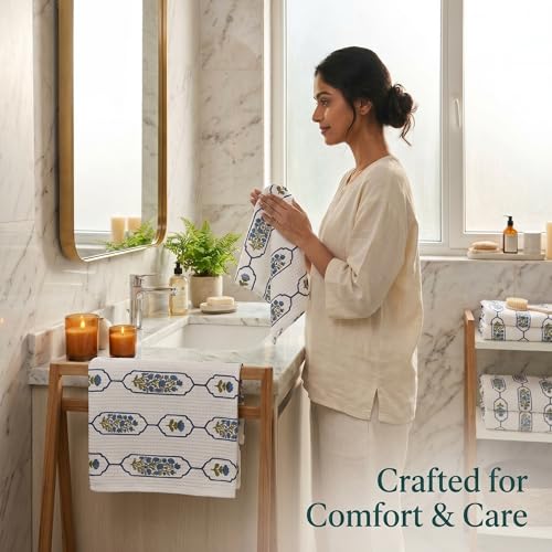 Image of Mafatlal Madhuban Cotton Towel Set (1 Bath 147x76 cm + 2 Hand 76x38 cm) | 250 GSM | Lightweight, Quick Dry & Hand Printed | Biscay Bay Color