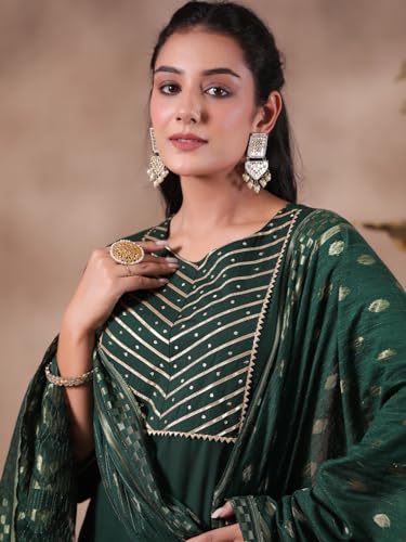 Image of ishin Women's Viscose Rayon Yoke Design Green Straight Kurta Suit Set with Trousers and Dupatta